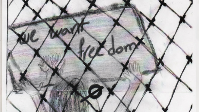 Drawing by child in detention on Nauru shows a girl behind bars with a sign which reads 'We want freedom'