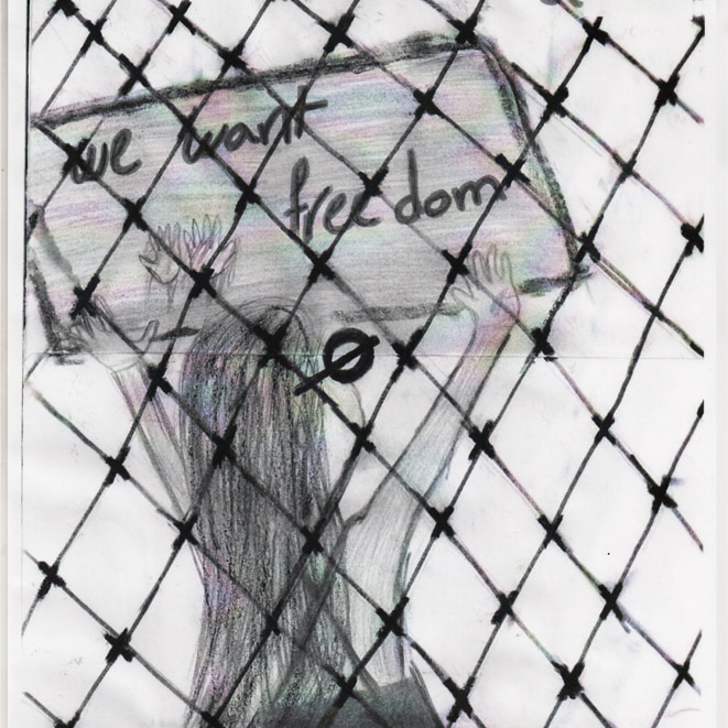 Drawing by child in detention on Nauru shows a girl behind bars with a sign which reads 'We want freedom'
