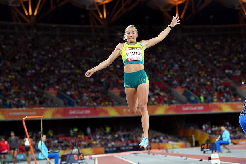 Long jumper Brooke Stratton flies through the air in competition.