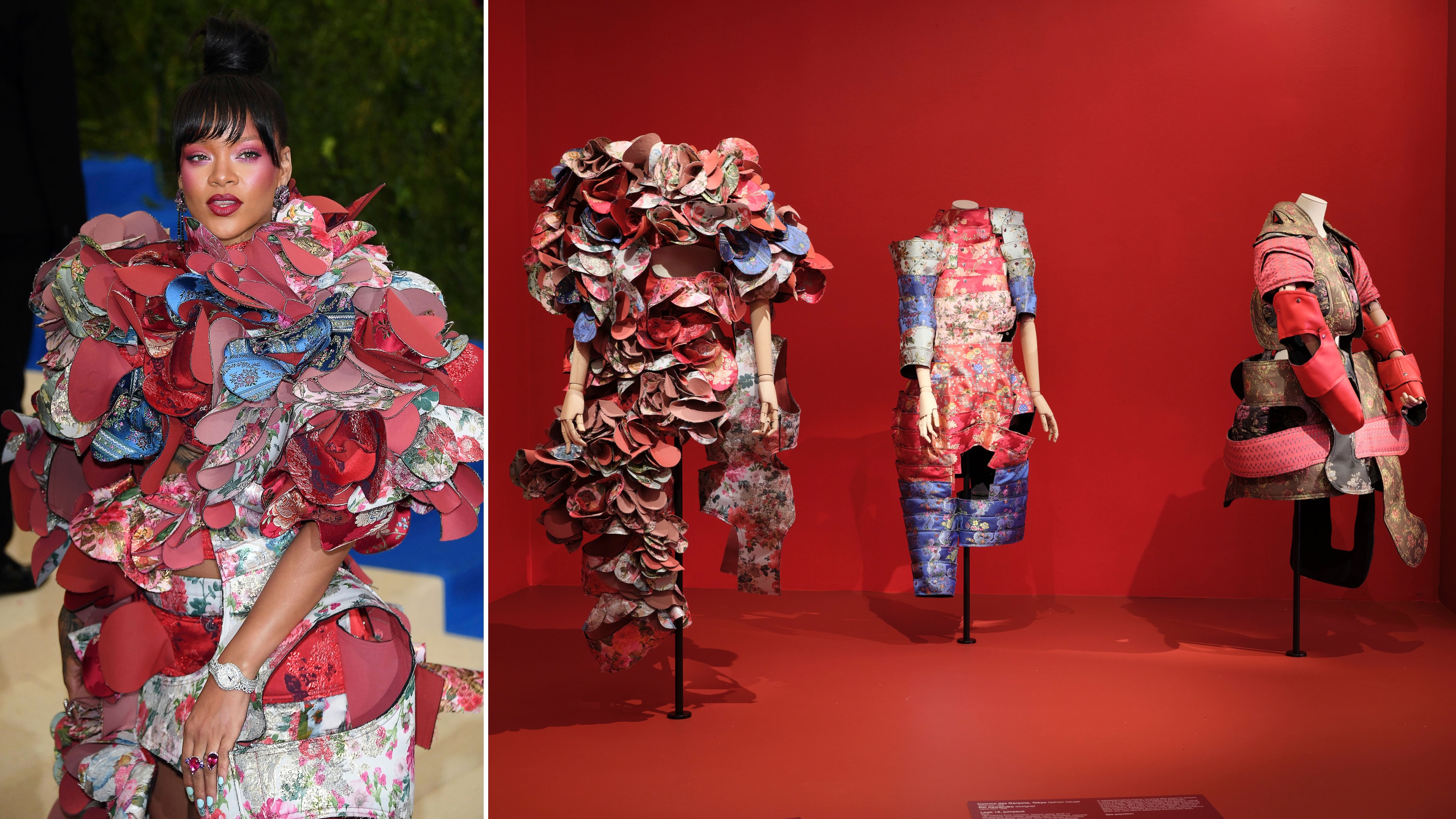 Compuesto por una habitación roja con varios diseños intrincados de Kawakubo junto a Rihanna luciendo uno en una alfombra roja.