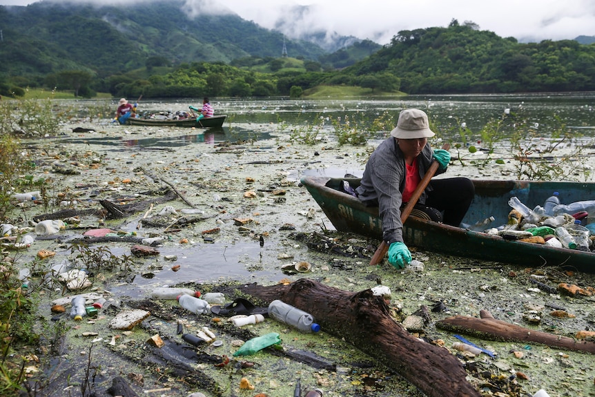 people in boats take rubbish out of a lake which is covered in trash