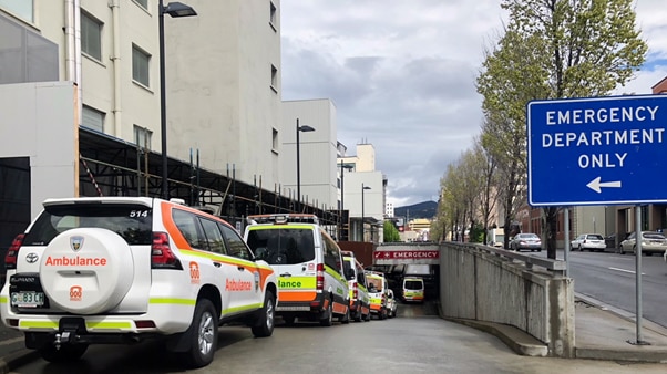 Ambulances line up at the ramp to the Royal Hobart Hospital's Emergency Department, October 2018.
