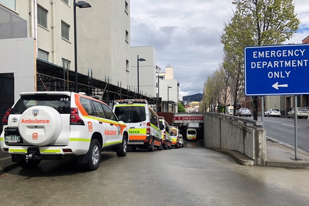Ambulances line up at the ramp to the Royal Hobart Hospital's Emergency Department, October 2018.