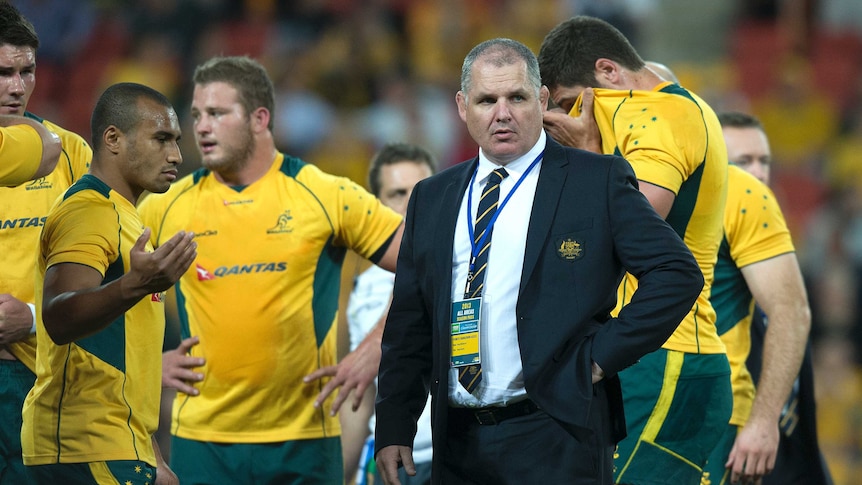 Wallabies coach Ewen McKenzie (R) looks on before the Rugby Championship clash with South Africa.