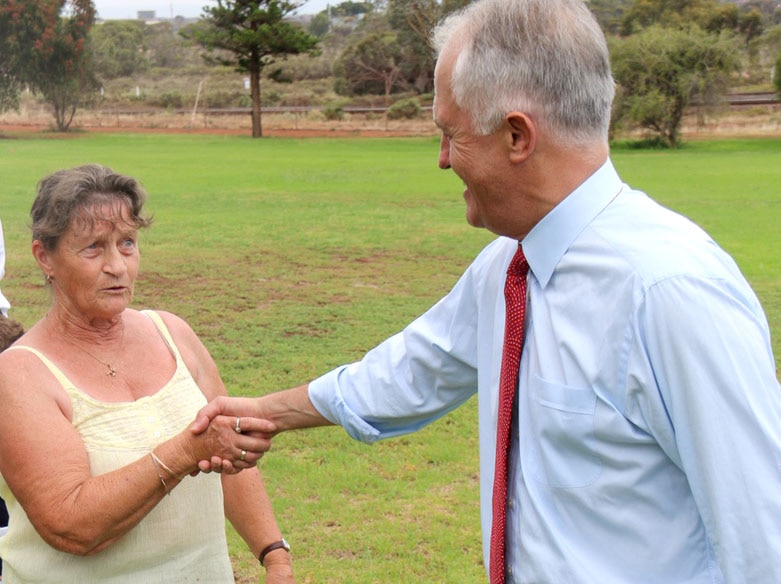 Raylene Mullins shakes hands with Malcolm Turnbull in a public park.
