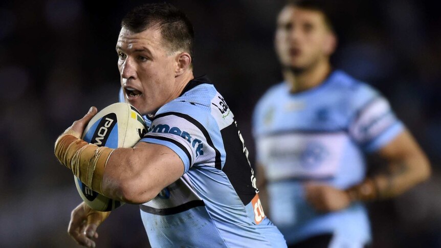 Paul Gallen runs the ball for Cronulla against the Roosters at Shark Park on June 7, 2015.