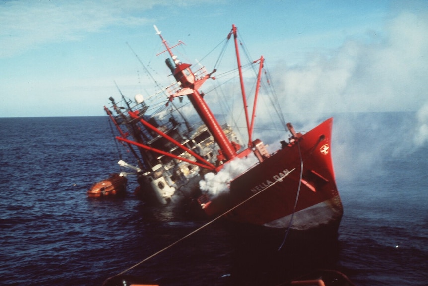 A ship partly submerged in the Southern Ocean