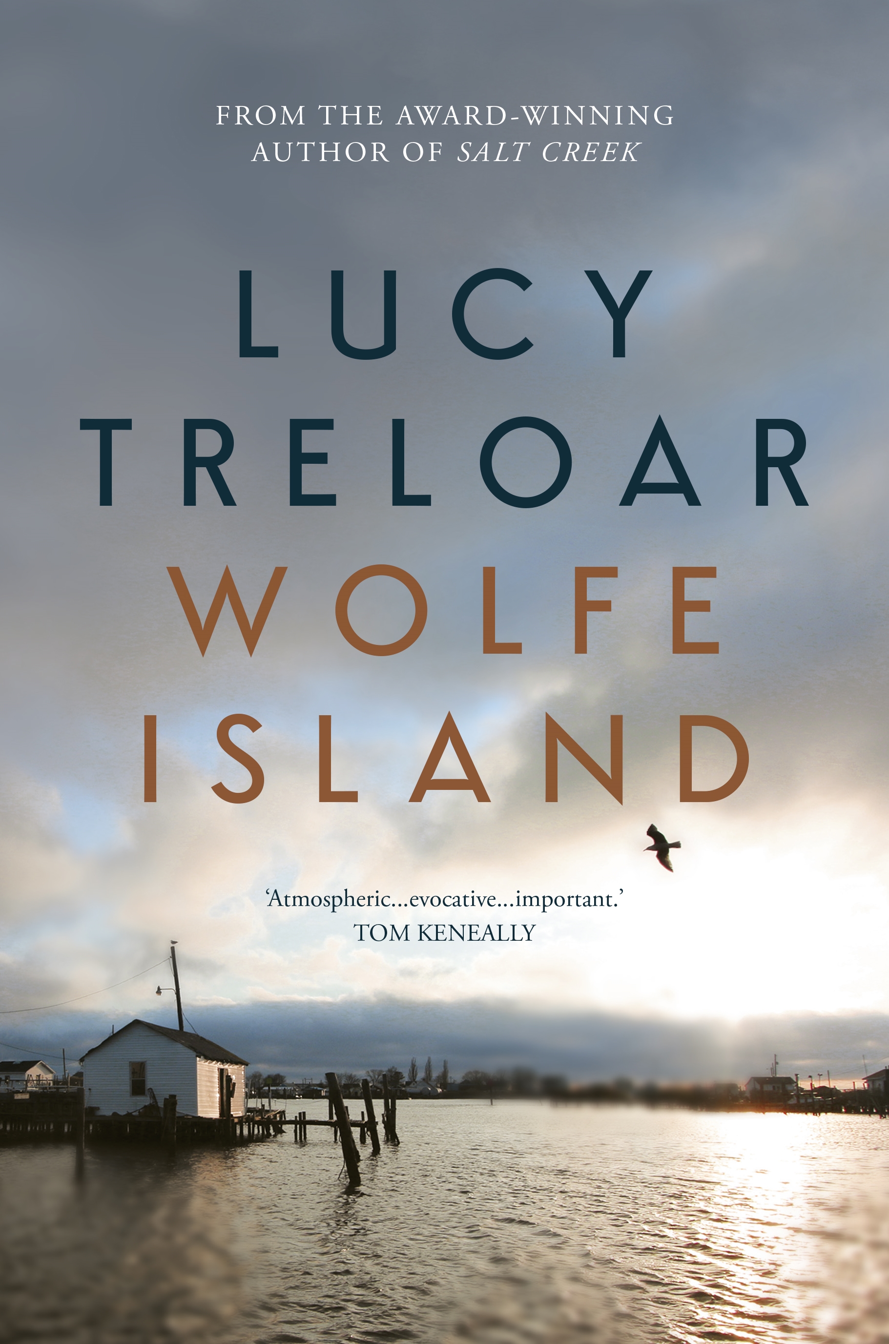 The cover for the book Wolfe Island by Lucy Treloar featuring an old house on a jetty