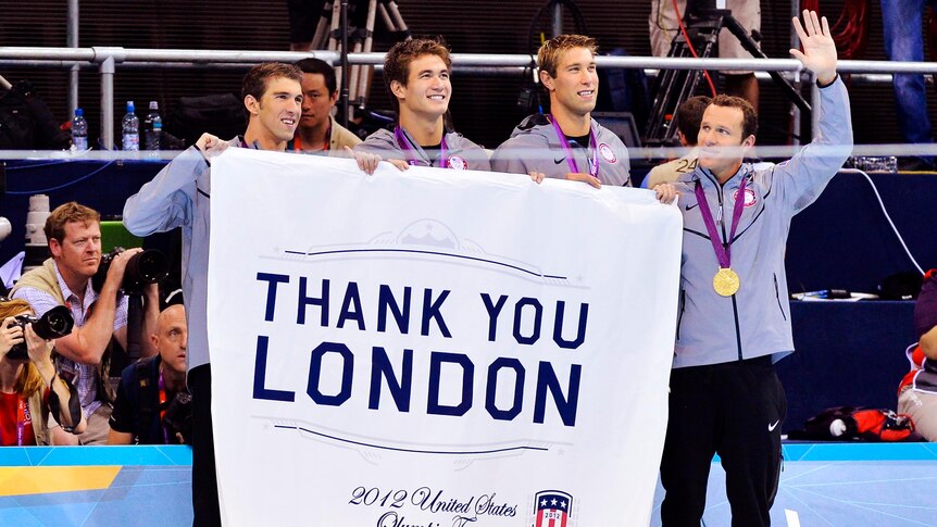 Fitting fare well ... medley champions Michael Phelps, Nathan Adrian, Matthew Grevers and Brendan Hansen.