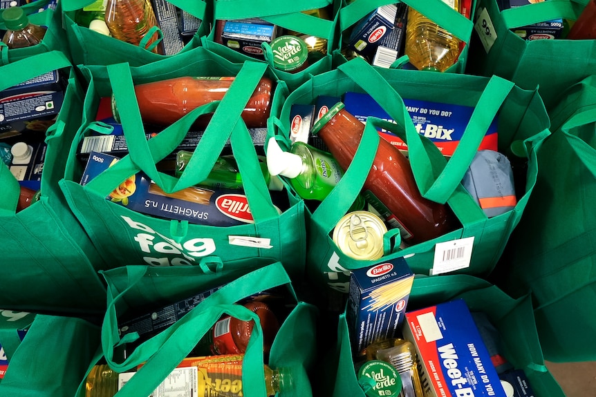 Grocery bags filled with pasta, passata and other cupboard essentials.