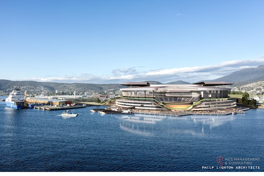 A stadium seen from across the water 