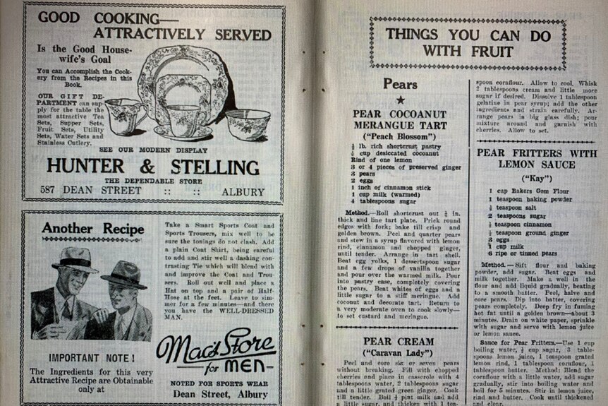 Black and white pages showing advertisements and recipes from 1940's book.