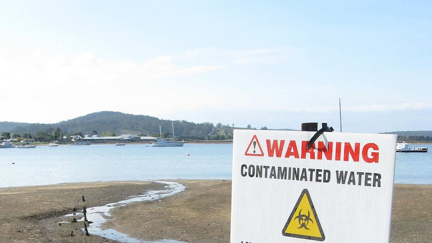 A sign at St Helens warns of a sewage spill which has affected oysters.