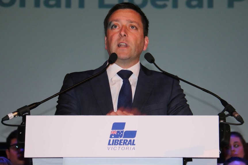 Matthew Guy speaking at the party's campaign launch.