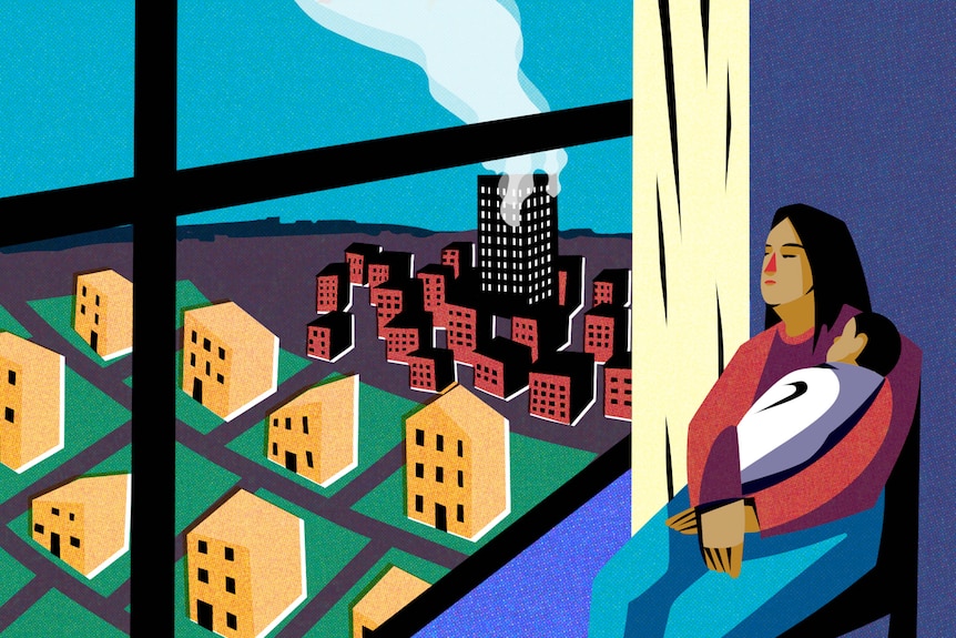 A mother holds her child and looks sadly out of the window at a tall tower representing public housing on fire.  
