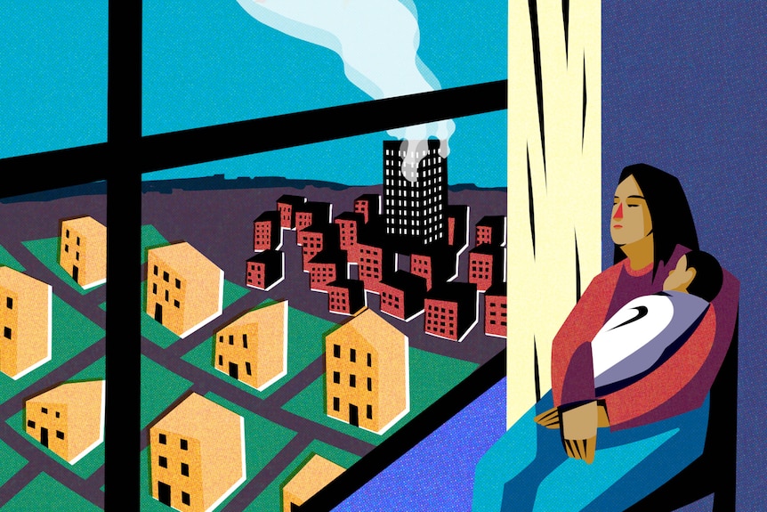 A mother holds her child and looks sadly out of the window at a tall tower representing public housing on fire. 