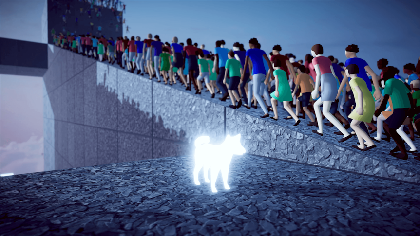 Screenshot from HUMANITY: A glowing white shiba inu dog, surrounded by masses of people running on platforms