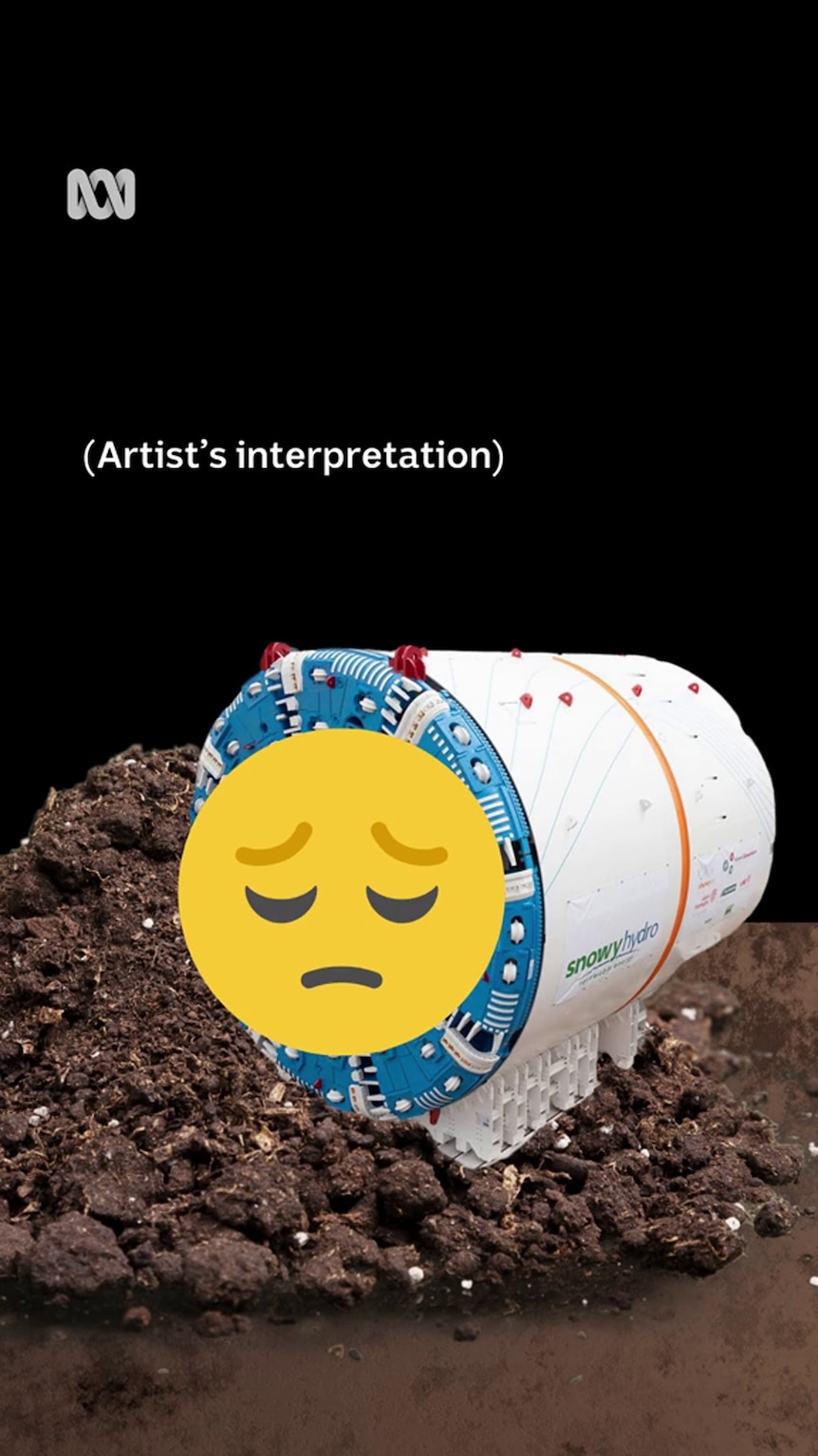 A boring machine is shown underground and has a yellow emoji sad face superimposed on it