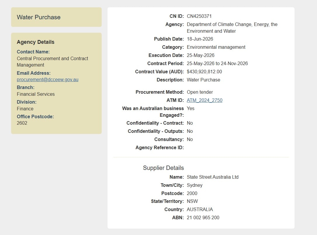 A webpage detailing a water purchase made by the Australian government.