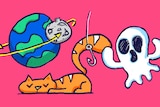 Illustration shows a cartoon ghost, kitten being fished and planet being orbited