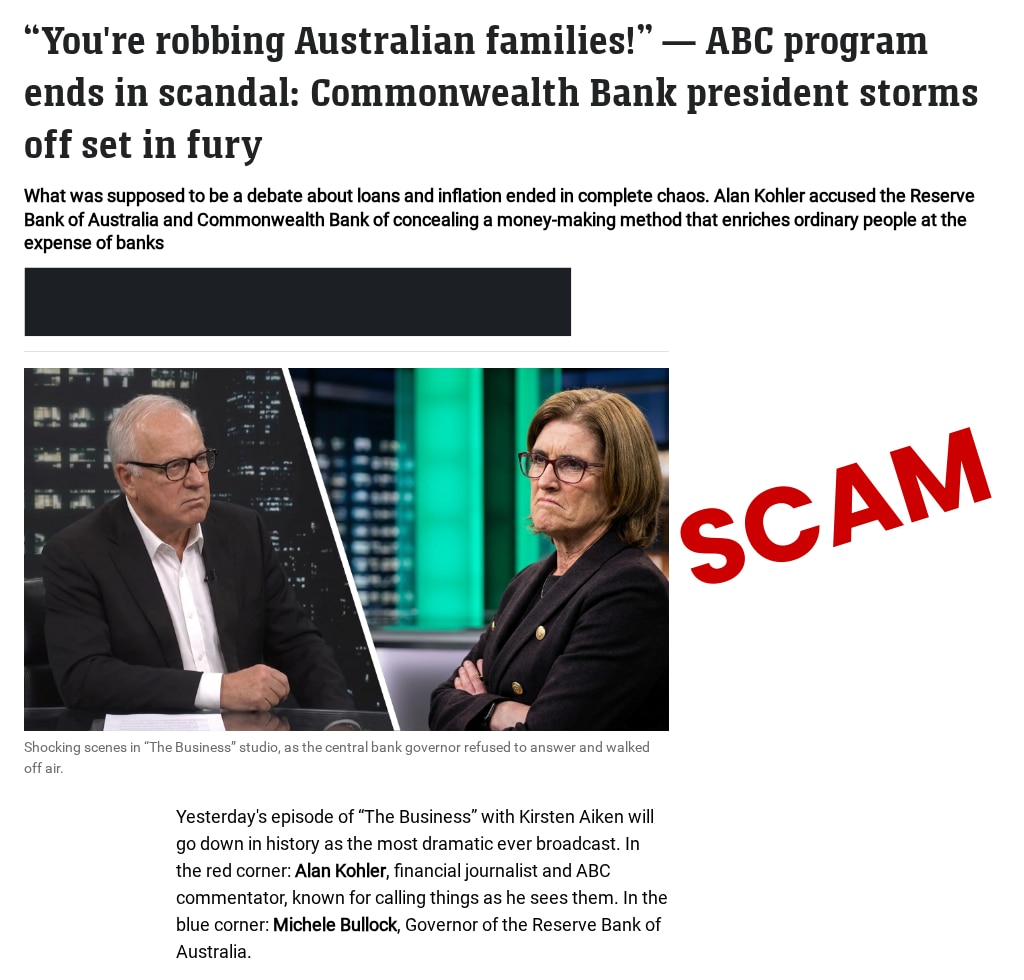 A fake news article with a photo of Alan Kohler and Michelle Bullock grimacing at each other in an ABC studio.
