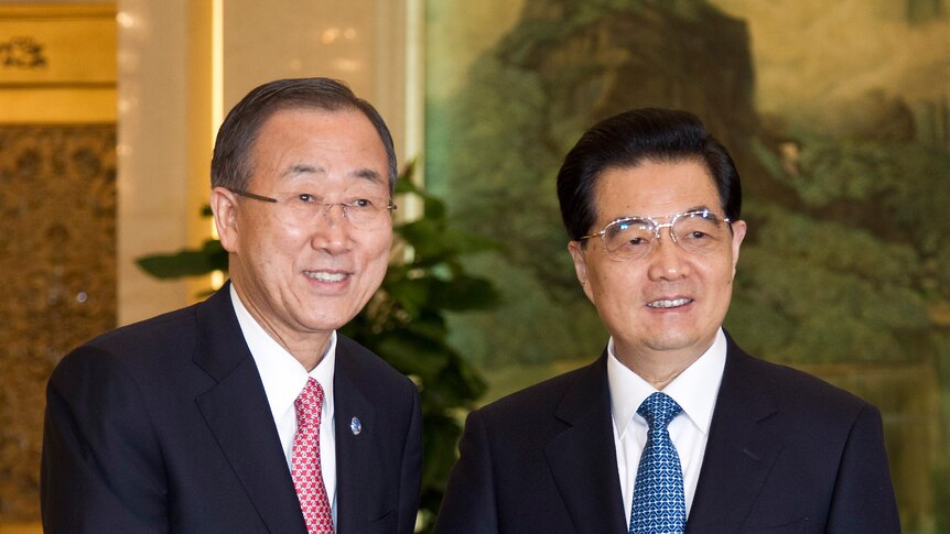 UN Secretary General Ban Ki-Moon shakes hands with Chinese President Hu Jintao in Beijing.