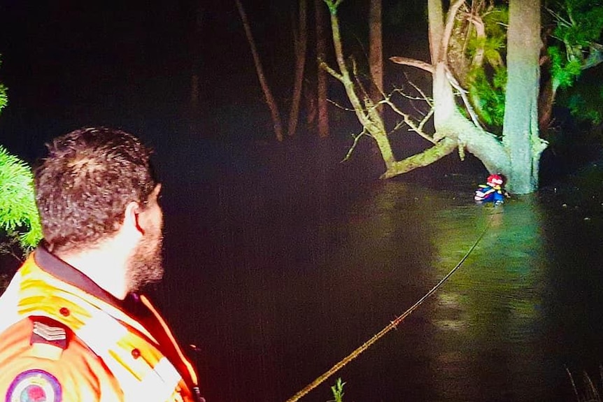 A man clinging to tree with rope tied to him in dark woods and waters