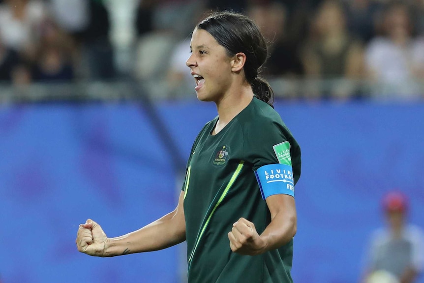 Aussie skipper Sam Kerr celebrates win over Jamaica