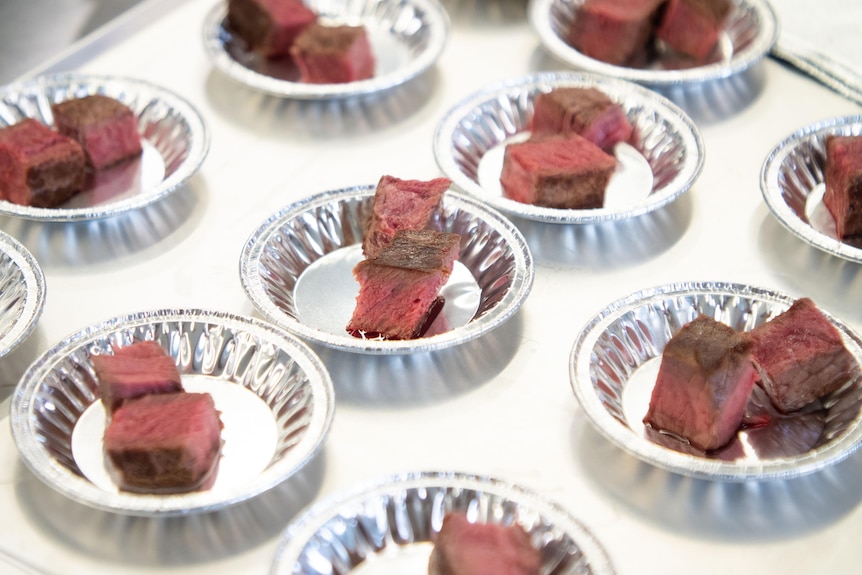 Small cuts of beef for taste testing
