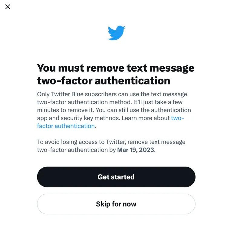 Twitter's message to users about disabling free SMS 2fa