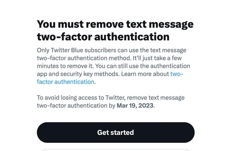 Twitter's message to users about disabling free SMS 2fa