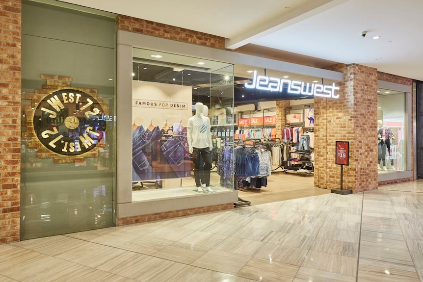 The shopfront of a Jeanswest store inside a shopping centre