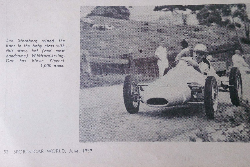 Racer in open wheeler car pictured in 1959 magazine, Sports Car World