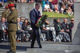 Prince William lays a wreath during an Anzac Day service in Auckland.