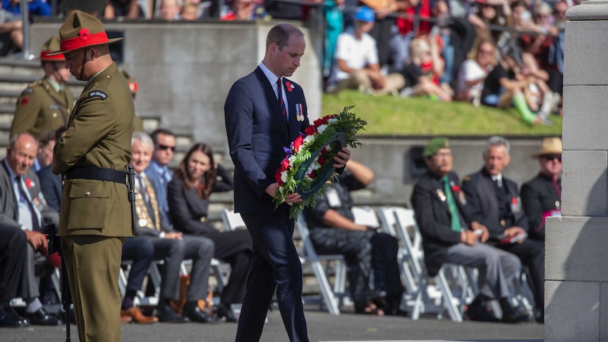 Prince William lays a wreath during an Anzac Day service in Auckland.