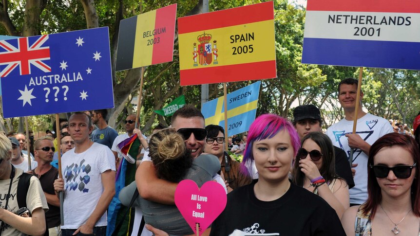 People at a rally in Sydney hold signs indicating the years that other countries have legalised same-sex marriage.