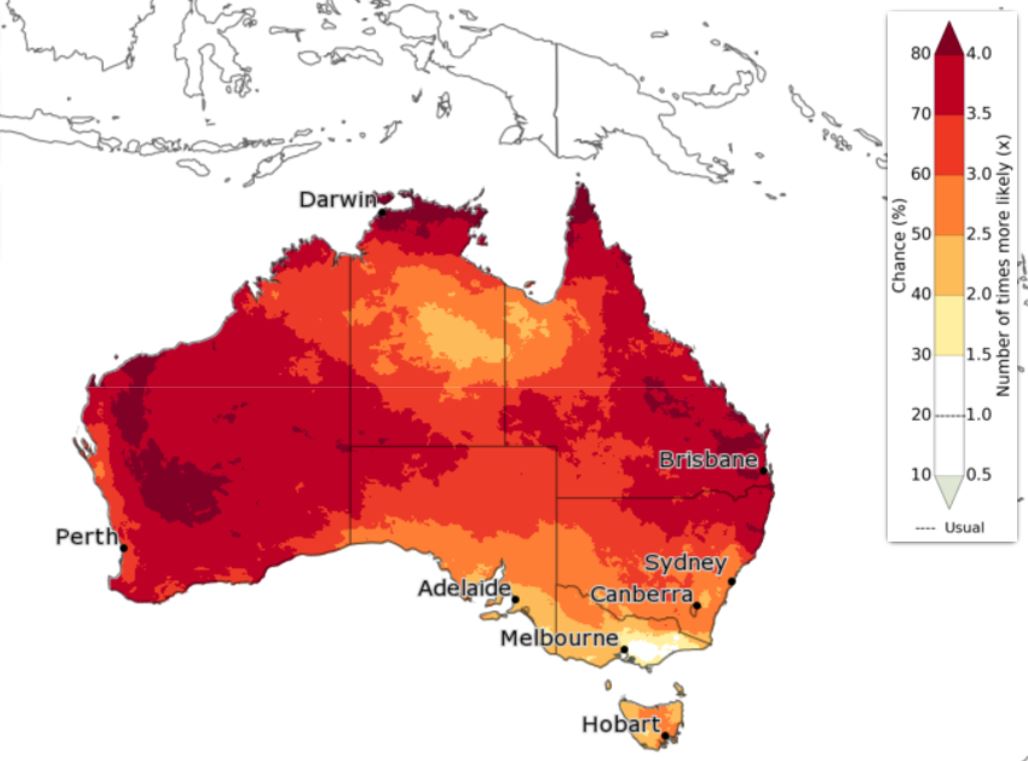 A map of Australia covered in different shades of red and yelloy. 