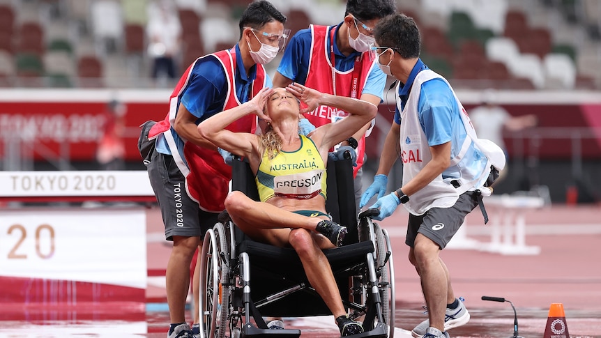 An Australian female athlete in a wheelchair after sustaining an injury at the Tokyo Olympics.