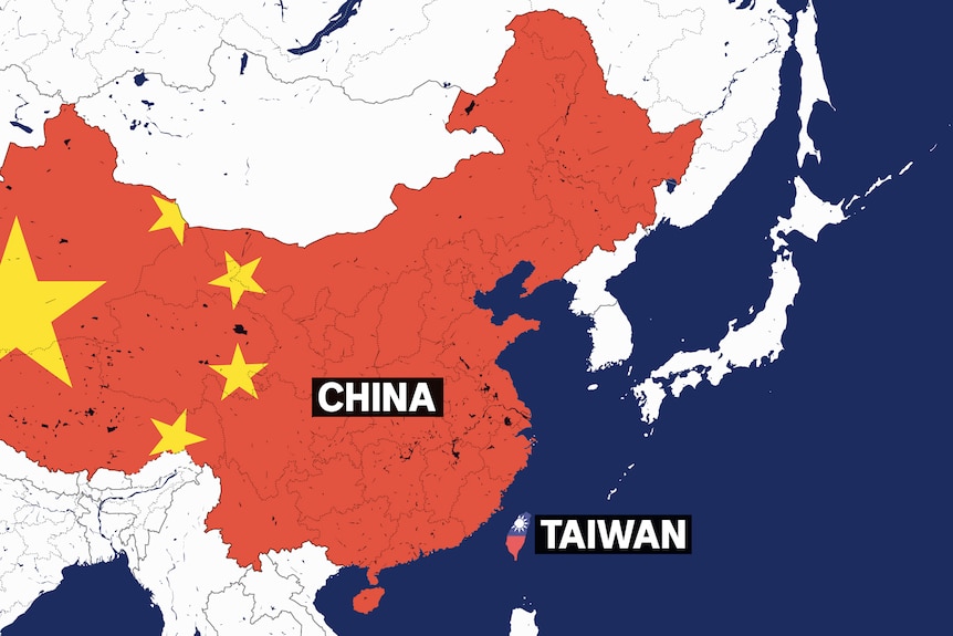 一张地图显示中国和台湾的领土，领土范围内有各自的旗帜