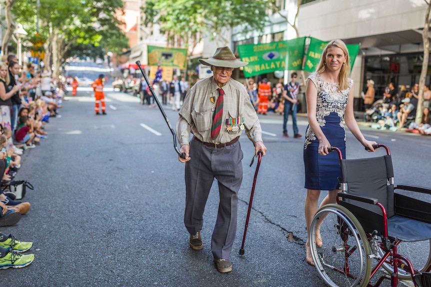 Graham Tweedale, 97, participates in the Anzac Day march in Brisbane, Australia on April 25, 2017.