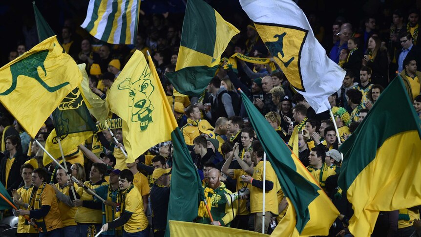 Para pendukung timnas Australia Socceroos melambaikan bendera dalam pertandingan kualifikasi Piala Dunia melawan Jepang