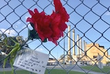 A flower and a note on a fence at Hazelwood power station in Victoria.