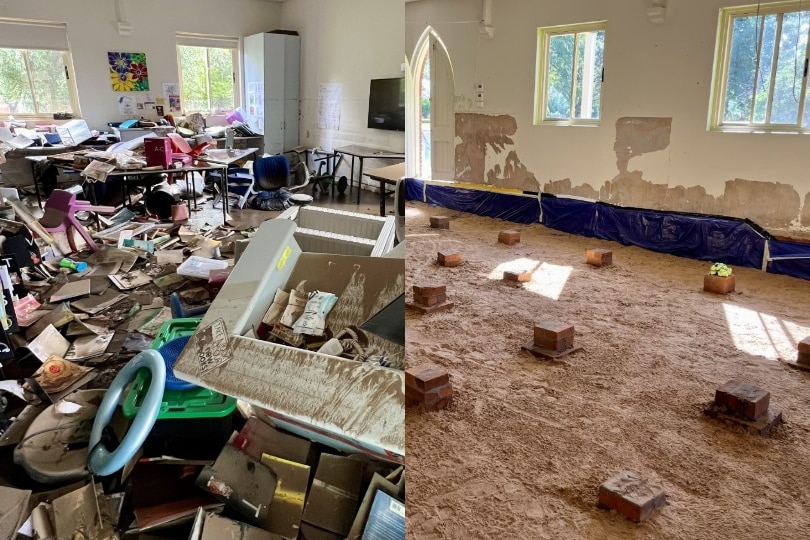 on the left image of debris covered classroom, on the right, floor of the room gutted to foundations