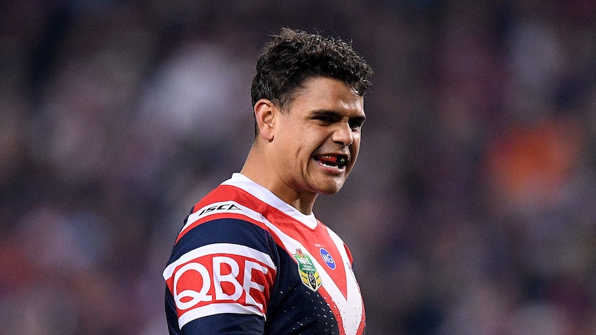 Latrell Mitchell shows a smile against the Sharks