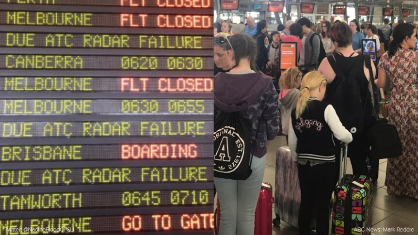 A flight board with several flights reading delayed, and long queues at the airport.