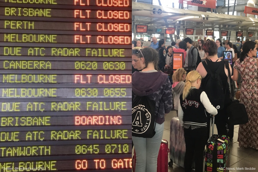 A flight board with several flights reading delayed, and long queues at the airport.