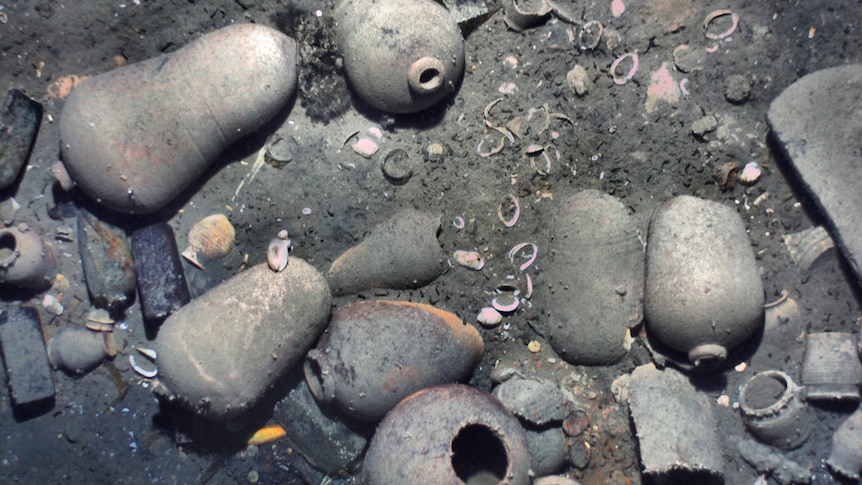 Ceramic jars and other items from the 300-year-old shipwreck of the Spanish galleon San Jose