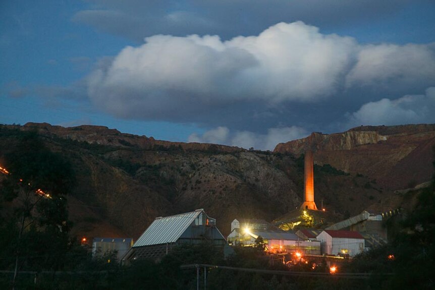 Queenstown's Mount Lyell copper mine at night.