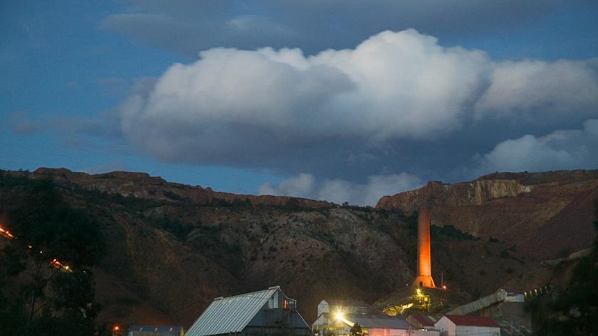 Queenstown's Mount Lyell copper mine at night.