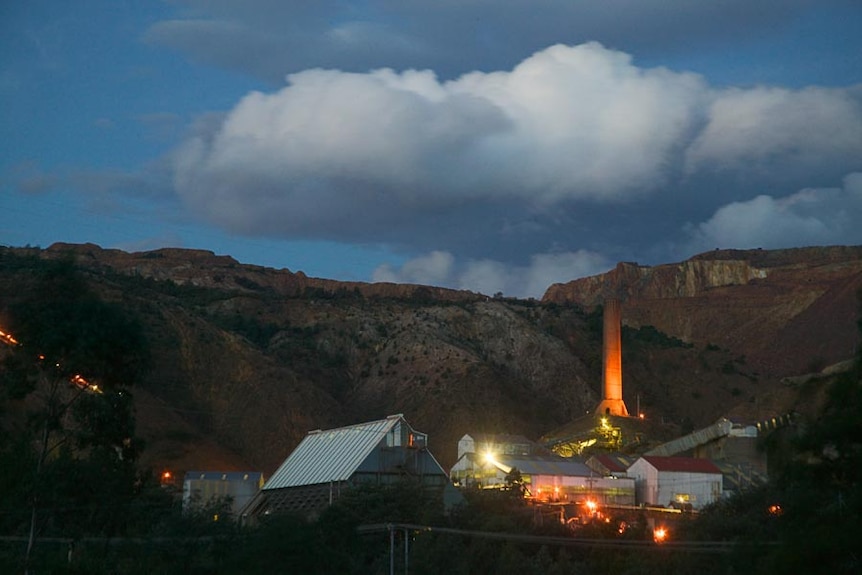 Queenstown's Mount Lyell copper mine at night.